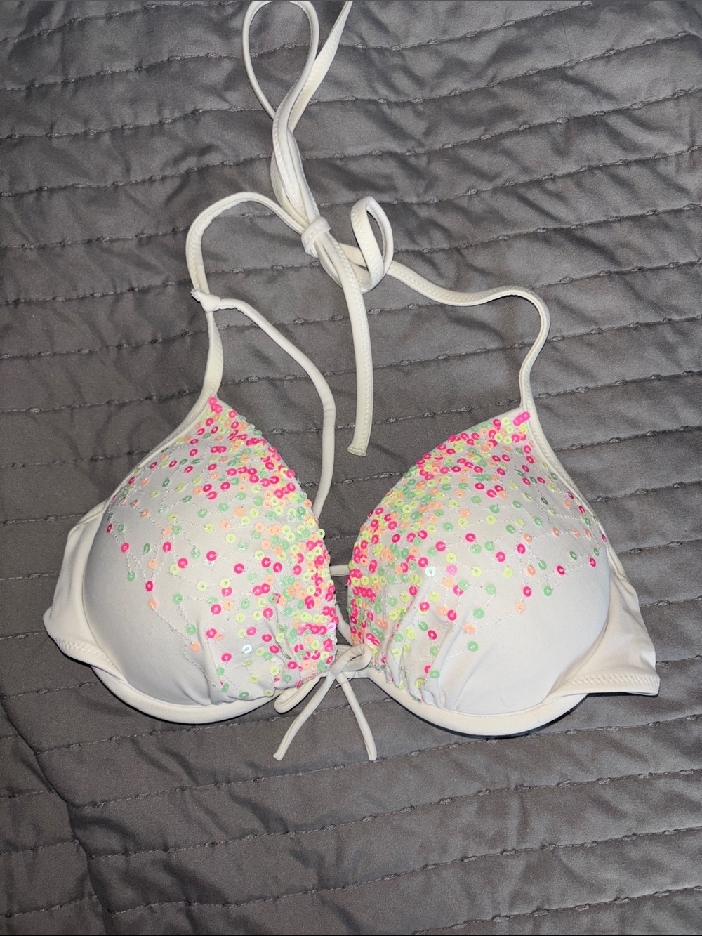 Victoria's Secret White Sequin Halter Bikini Top with Neon Accents